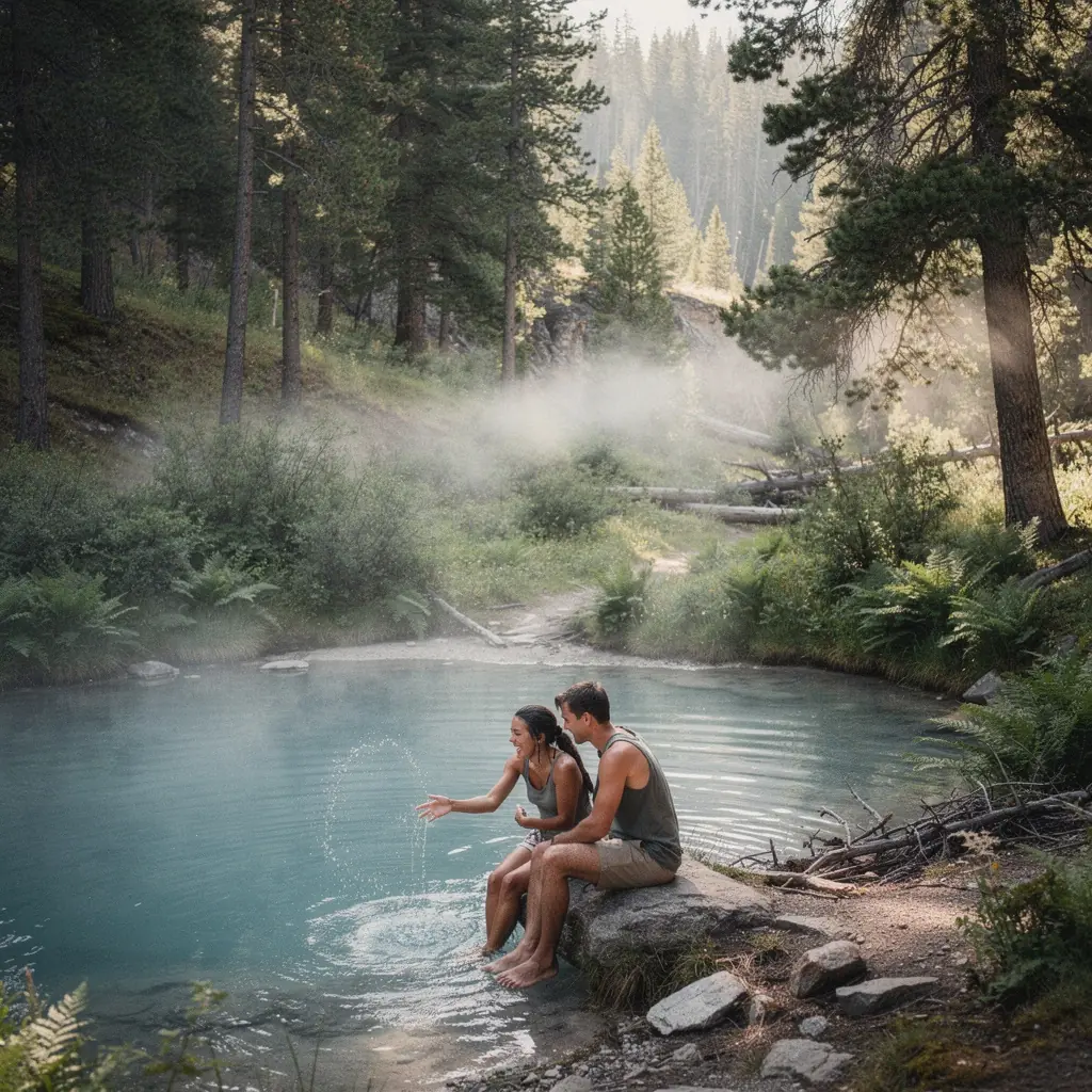 Теплый вечер у горячего источника с мерцающими огнями вокруг.