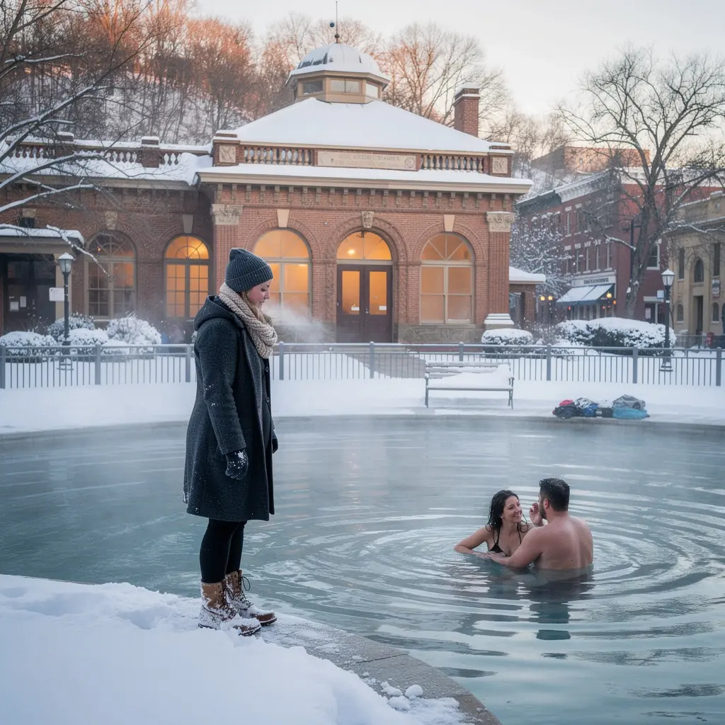 Снимок горячих источников с паром, поднимающимся над водой в зимний день.