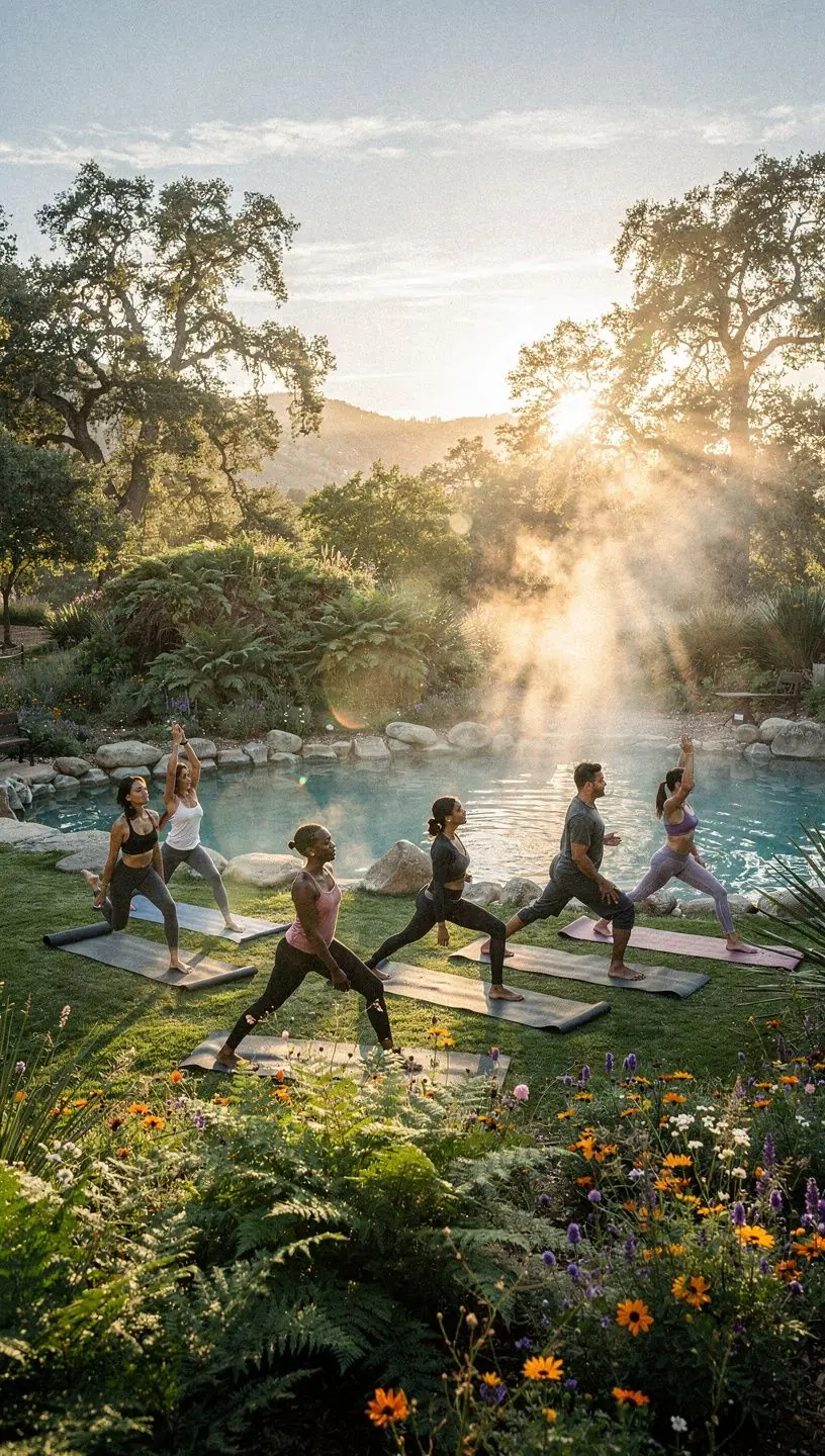 Солнечный день у горячих источников с людьми, наслаждающимися природными бассейнами.